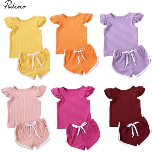 2020 Baby Summer Clothing 2PCS Newborn Kids Baby Girl Clothes Ruffled Sleeve Shirt Top Pants Shorts Kintted Ribbed Outfit Set