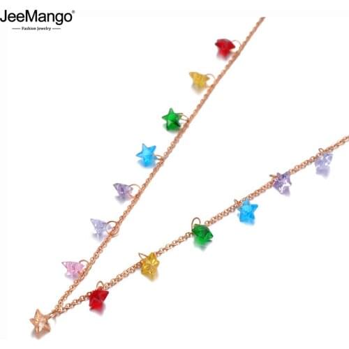 JeeMango Fashion Stainless Steel Colorful Star CZ Crystal Choker Necklace Rose Gold Beautiful Chain Necklace For Women JN20088