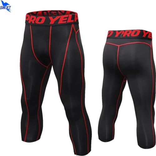 Capri Yoga Leggings Men High Elasticity Sports Cropped Pants Quick Dry Gym Running Fitness Skin Tights MMA Compression Pants 3/4
