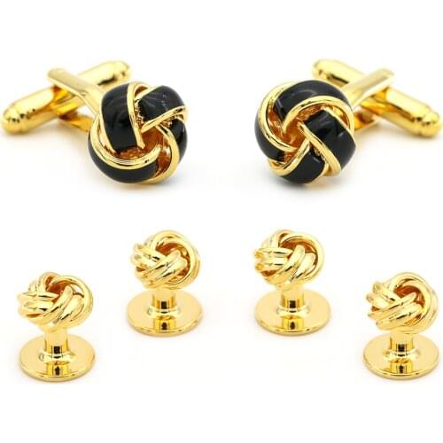 Mens Black and Gold Knot Stud Set Cuff Links Copper Material
