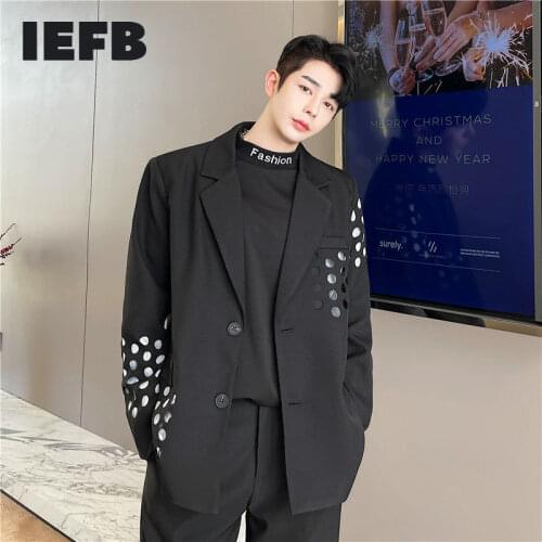 IEFB Mens Suit Coat Loose Causal Runway Fashion Blazers 2021 Autumn New Black Loose Hole Design Asymmetric Causal Jacket 9Y6266