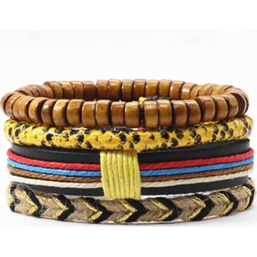 Yellow Woven 4 Pcs/set Beaded Hip hop Jewelry Snake Leather Men Bracelets Women Vintage Bangle Male Homme Jewelry Accessories