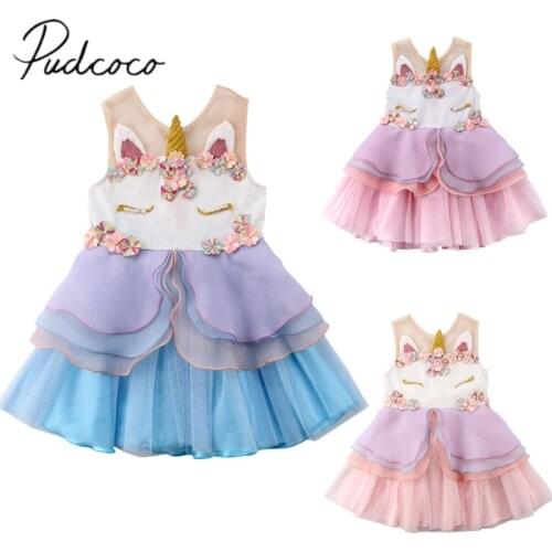 2018 Brand New Toddler Infant Child Kid Girl Unicorn Dress Sleeveless Ruffled Chiffon Party Floral Dresses Chiffon Sundress 0-6T