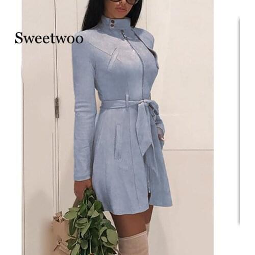 Suede Leather Self Tie Duster Trench Coat Long Sleeve Slim Wrap Long Outerwear With Belt Women Casual Fall Winter Workwear Coat