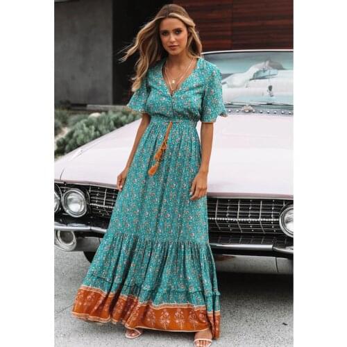 Frieda Retro Chic Maxi Dress Women 2020 Summer Elegant Short Sleeve V neck High Waist Dress Floral Print Boho Beach Long Dress
