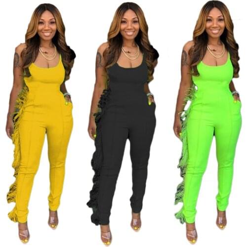 S-XL Solid Summer Club Sexy Jumpsuit Women Sling Sleeveless Tassel Pocket Fahion Simple Romper Wholesale Dropshipping