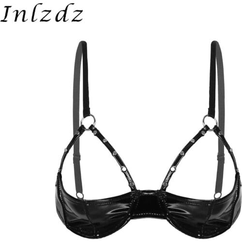 Sexy Womens Erotic Lingerie Bra Black Shiny Patent Leather Rivets Underwear No Padded Bra with Rivet Strap and Underwire Bra
