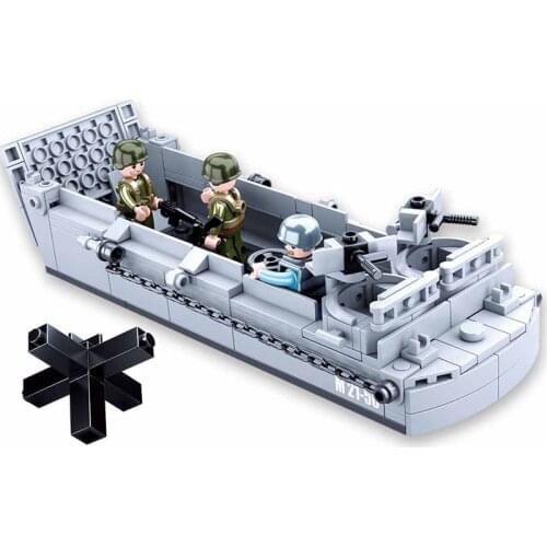 SLUBAN WWII US Military Higgins Landing Craft Warship Building Blocks Navy Weapon Boat World War 2 Moc Bricks Classic Model Toys