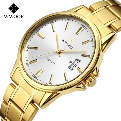 WWOOR 2021 New Top Brand Men Gold Stainless Steel Watch Luxury Causal Quartz Waterproof Calendar Wrist Watches Relogio Masculino