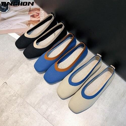 TINGHON Women Patchwork Slip On Flat Loafers Square Toe Shallow Ballet Flats Shoes knitting Casual Flat Shoes Ballerina Flats