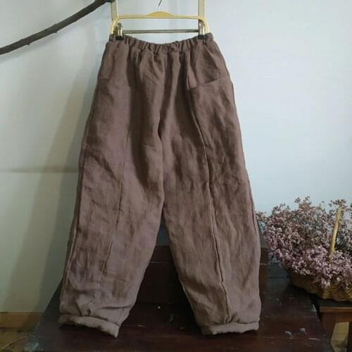 Johnature Women Thick Wide Leg Pants Elastic Waist Linen Vintage Trouser Pockets Warm 2020 Winter New Solid Color Female Pants