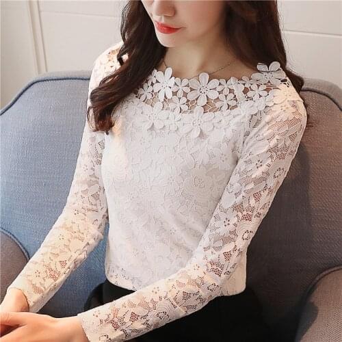 2021 New arrival autumn women blouse O-collar long sleeved lace blouse hollow out bottoming women top slim fit blusa 1105 40