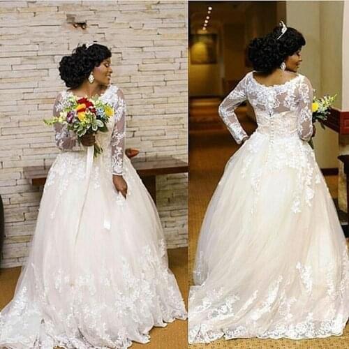 White Plus Size Wedding Dress Lace Applique Beaded Long Sleeves Dubai African Tulle Bridal Dresses New Robe De Mariee