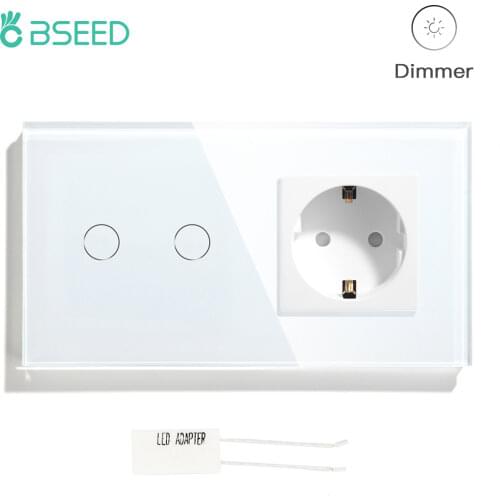 BSEED 1/2Gang Touch Dimmer Switch With EU Standard Dimmable Wall Switch Socket Crystal Glass Panel Touch Dimmer Light Switches