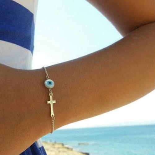 Hot Sale Initial Alloy Cross Copper Pave Setting Cubic Charm Evil Eye Bracelets Chain for Women Lovers Best Jewelry Gift