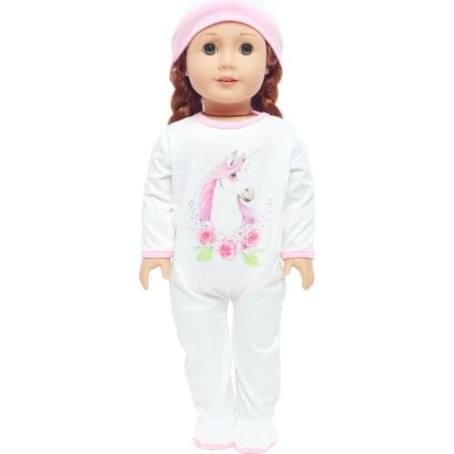 Fashion Unicorn Pattern Rompers Cute Hat White Jumpsuit Outfit Daily Home Set Accessories Clothes for 18 Inch Baby Doll