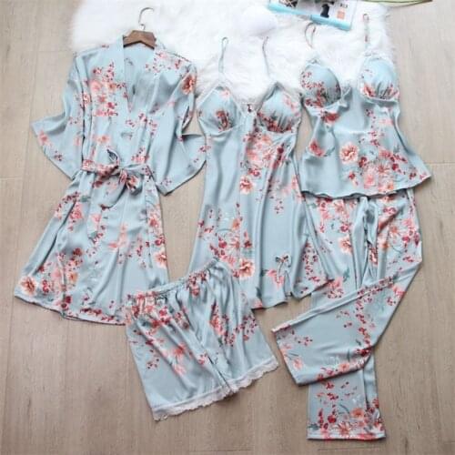 Autumn 5/4/3/2/1 Pcs Set Women Pyjama Print Satin High Quality Sexy Sleepwear With Chest Pad Pajama Sets Sleepwear Pijamas