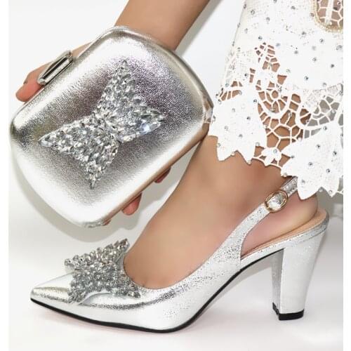 Nice looking silver women pumps match handbag with crystal butterfly style african dress shoes and bag set CR174,heel 9CM
