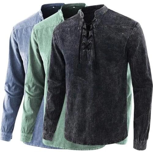 2020 Men Gothic Retro T Shirt Lace-up V-neck Denim Long Sleeve Tee Shirt Loose Tops for Male ASD88
