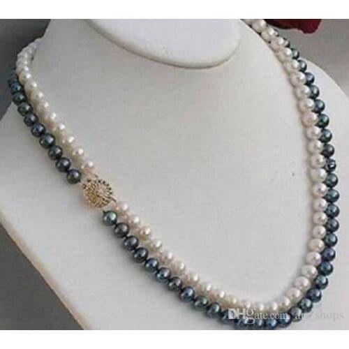2Rows 8-9mm Genuine Natural Black & White Akoya Cultured Pearl Necklace>>> free shipping