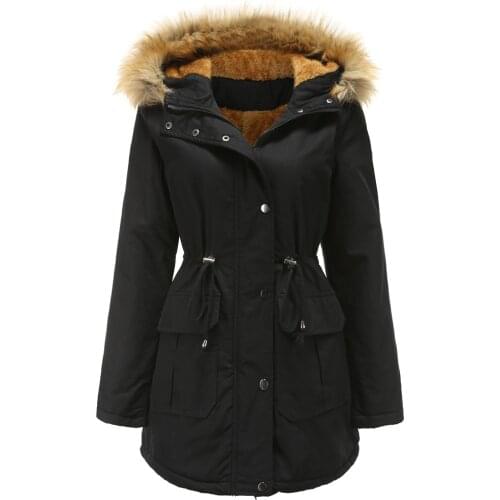D336 Coat Hooded Women Thick Keep Warm Fleece Lined Waist Drawstring Back Split Long Sleeve Wind-Resistant Comfortable Jacket