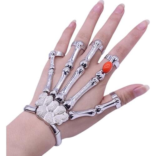 Punk Faux Ruby Skeleton Skull Bone Hand Fingers Rings Bracelet Party Bangle Skeleton Bone Hand Bracelets Bangles Halloween Gift