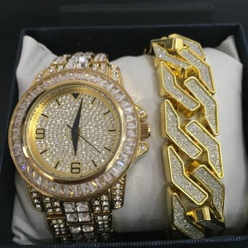Luxury Gold Color Men Watch and Bracelet Set Combo Ice on Cuban Crystal Miami Hip Hop Chain Bracelet for Men