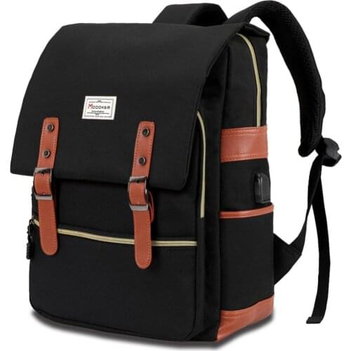 Modoker 15.6 Inch Laptop Bag USB Charging Backpack School Fashion Vintage Shoulder Rucksack Outdoor Casual Daypack Durable Black