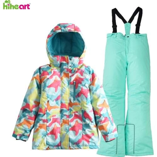 Hiheart Girls Warm Ski Suit Hooded Ski Jacket + Pants 2 Pcs Set -30 Degree Kids Ski Suit Clothes Waterproof Outdoor Ski Jacket