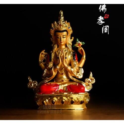 TOP GOOD Bless Safe good luck Protection-Buddha gilding 14.5CM Shadakshari Avalokitesvara Buddha statue