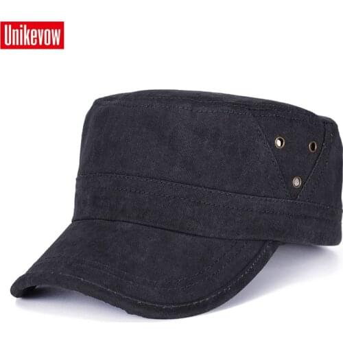 UNIKEVOW 100% cotton solid army Cap Washed Flat top Hat for men Military cap with triangle decoration Breathablue outdoor cap