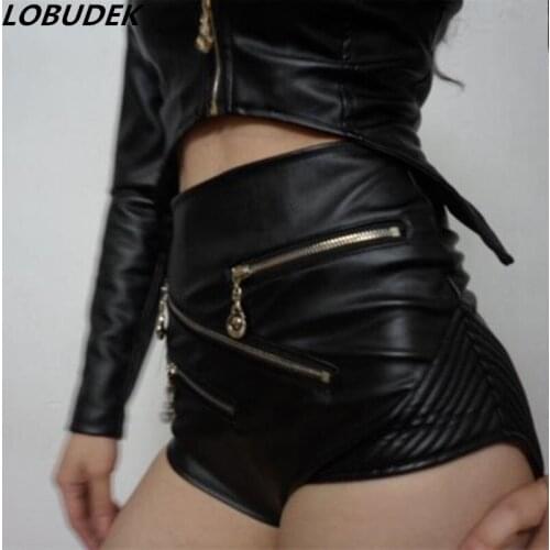 Female Black Leather High-waist Shorts White Zipper Jazz Dance PU Shorts Sexy Nightclub Bar Performance Dancer Singer Stage Wear