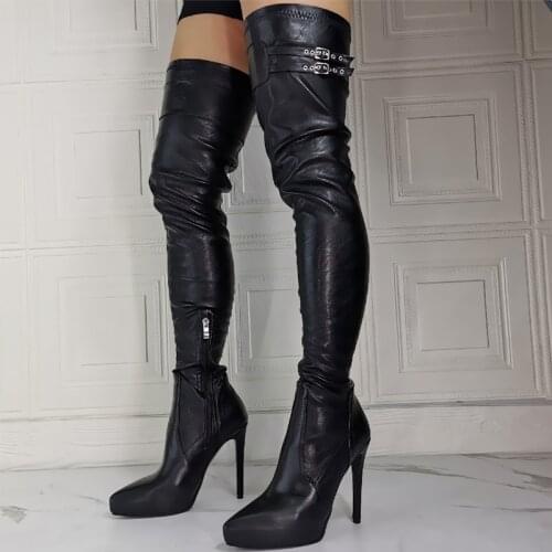 Fashion Buckle Strap Long Thigh High Boots Platform Thin High Heel Shoes Womens Black Boots Sexy Big Size 47