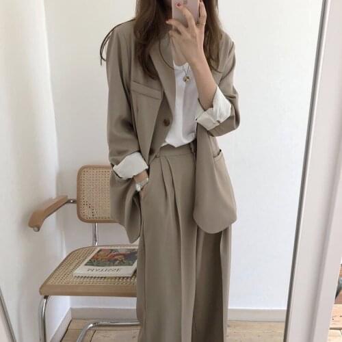 Ladies Office Work Wear Two 2 Piece Set Coat and Pant Women Long Sleeve Single Breasted Coat and High Waist Wide Leg Long Pants