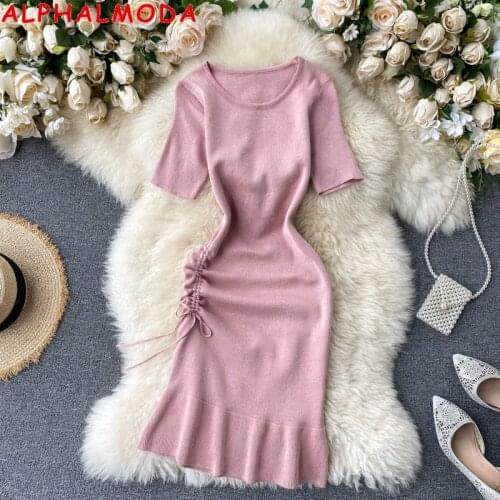 ALPHALMODA Summer 2020 New Womens Design Dress Drawstring Pleated Waist A-line Ruffled Knitted Dress Short-sleeved Solid Dress