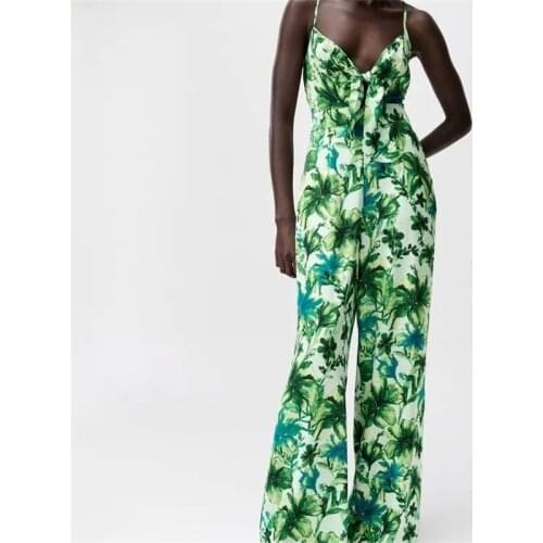 ZXQJ Women 2021 Fashion Tropical Print Wide Leg Jumpsuits Vintage Backless Zipper Side Pockets Female Playsuits Chic Mujer