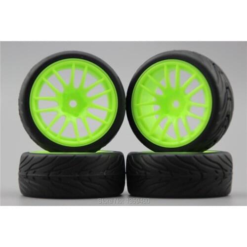 4pcs RC 1/10 Soft Rubber On Road Car Tire Tyre Wheel Rim V14SNG 3mm Offset(Material Green) 10304(3)+Rubber Tire