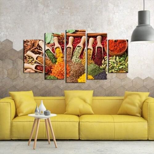5 Panel Canvas Wall Art Couful Spice in Spoon Vintage Canvas Prints Food Photos Painting On Kitchen Pictures Walls Home Decorati