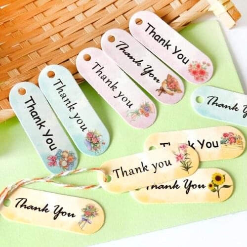 50pcs Cute Cat Cartoon Gift Tags Flower Thank You Handmade Paper Hang Tag Baby Shower Wedding Party Packaging Labels with String