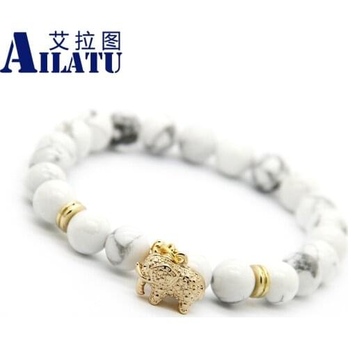 Ailatu Wholesale 10pcs Brand Jewelry 8mm White Howlite Stone Elephant Charm Lucky Bracelets