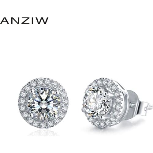 ANZIW Real Moissanite Round Stud Earrings 925 Sterling Silver 1carat Earring for Women Engagement Anniversary Jewelry