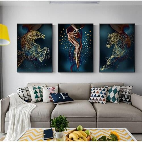 Running Horse Diamond Embroidery Full Square Round Diamond Painting Gold Foil Blue Wall Art Triptych Picture By NumbersZP-4414