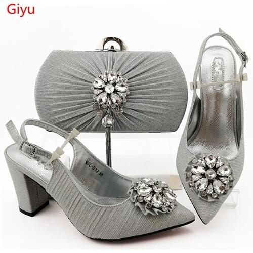 Doershow italian silver shoes and bag set wholesale price wedding shoes and matching purse for women party! HIA1-7