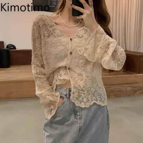 Kimotimo Lace Cardigan Women Summer Fashion V-neck Long Sleeve Thin Crop Sweater Korean Temperament Loose All-match Cardigans