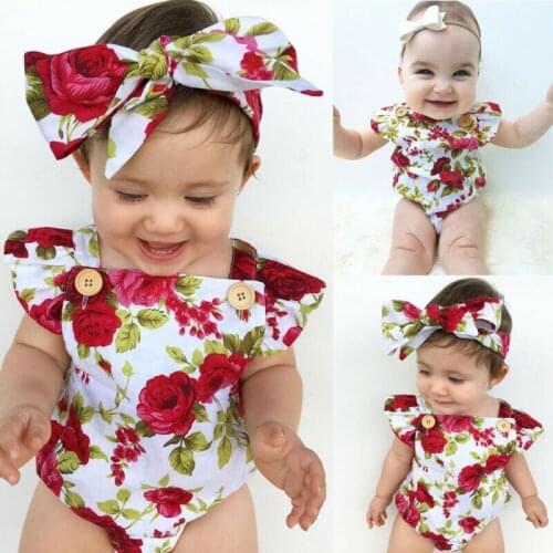 Cute Floral Romper 2pcs Baby Girls Clothes Jumpsuit Romper+Headband 0-24M Age Ifant Toddler Newborn Outfits Set