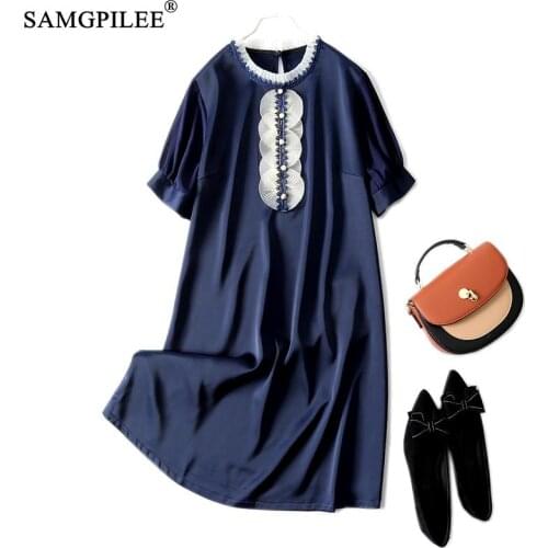 Summer Clothes For Women 2021 New Retro O Collar Short-sleeved Satin Silk Feel A-line Chiffon Plus Size Casual Dresses Woman 4XL