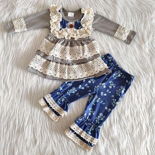 Best selling kids fall long sleeve outfit girl lace top match ruffle pants 2pcs baby girls flowers pattern outfit