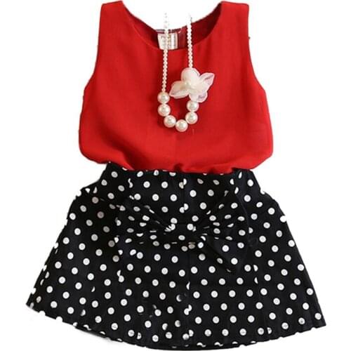 Hot Red Chiffon Sleeveless Tops T-Shirt + Bowknot Dot Skirt Clothes Girls Baby Kids Outfits Set 2~7Y