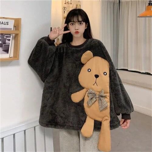 Kawaii 2 Piece Set Girl Winter Cute Cartoon Anime Bear Plush Pajamas Pullover And Trousers Womens Thick Warm Home Service Suit