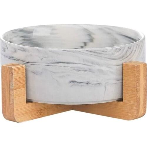 Marble Style Ceramic Cat Dog Bowl Dish with Wood Stand No Spill Pet Food Water Feeder Cats Small Dogs